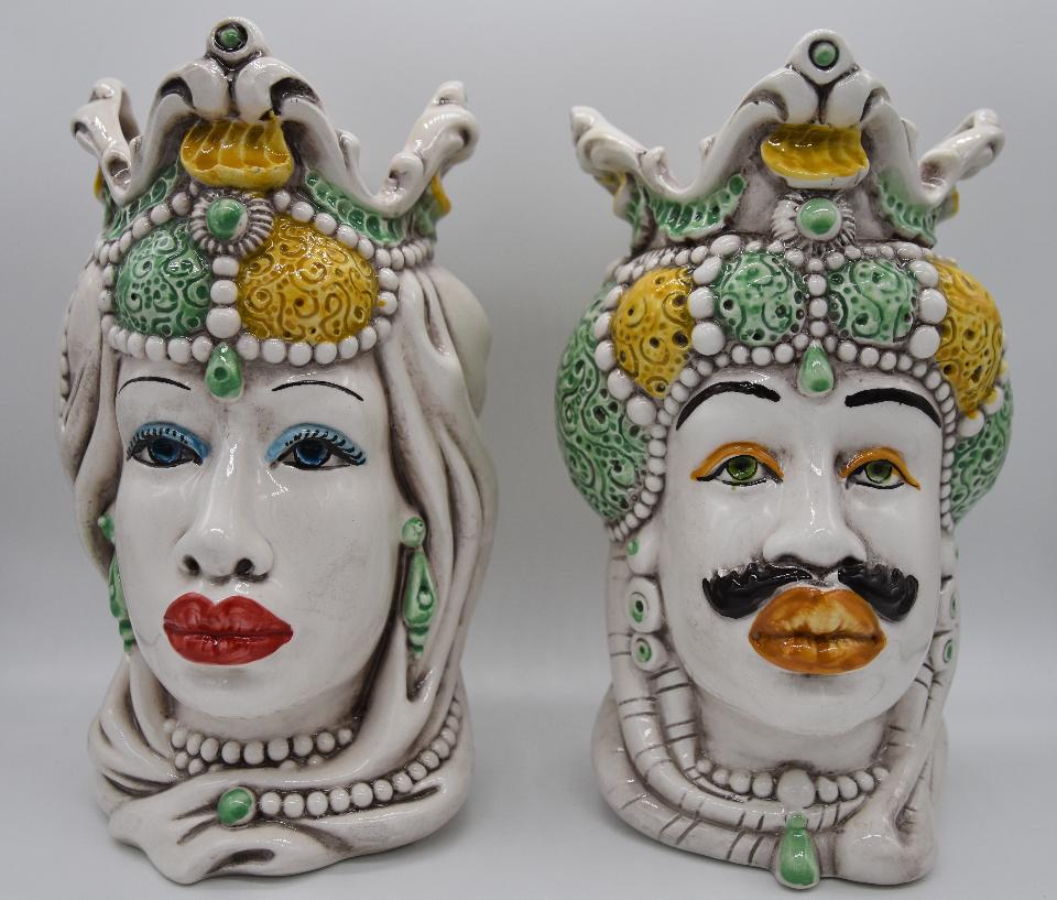 Coppia Teste di moro Emiro giallo/verde Produzione artigianale di Caltagirone h.20cm