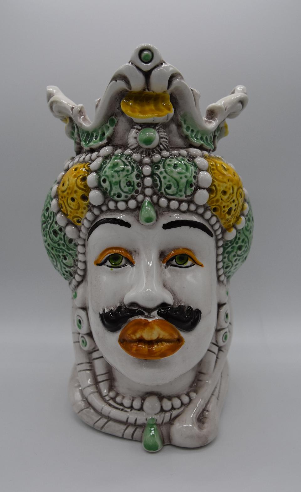 Coppia Teste di moro Emiro giallo/verde Produzione artigianale di Caltagirone h.20cm