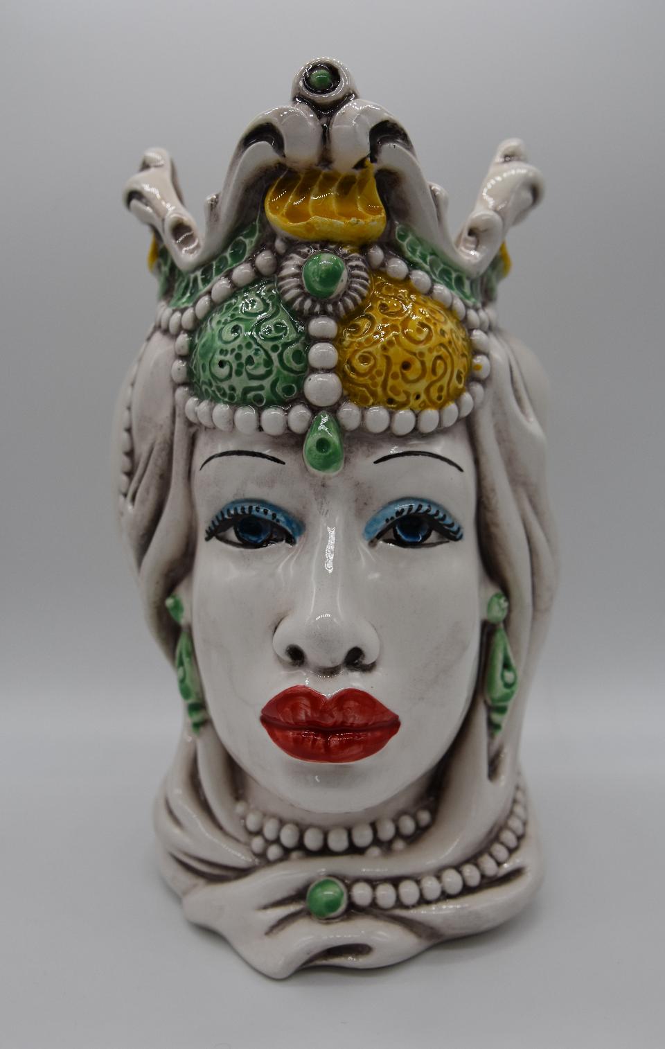Coppia Teste di moro Emiro giallo/verde Produzione artigianale di Caltagirone h.20 cm