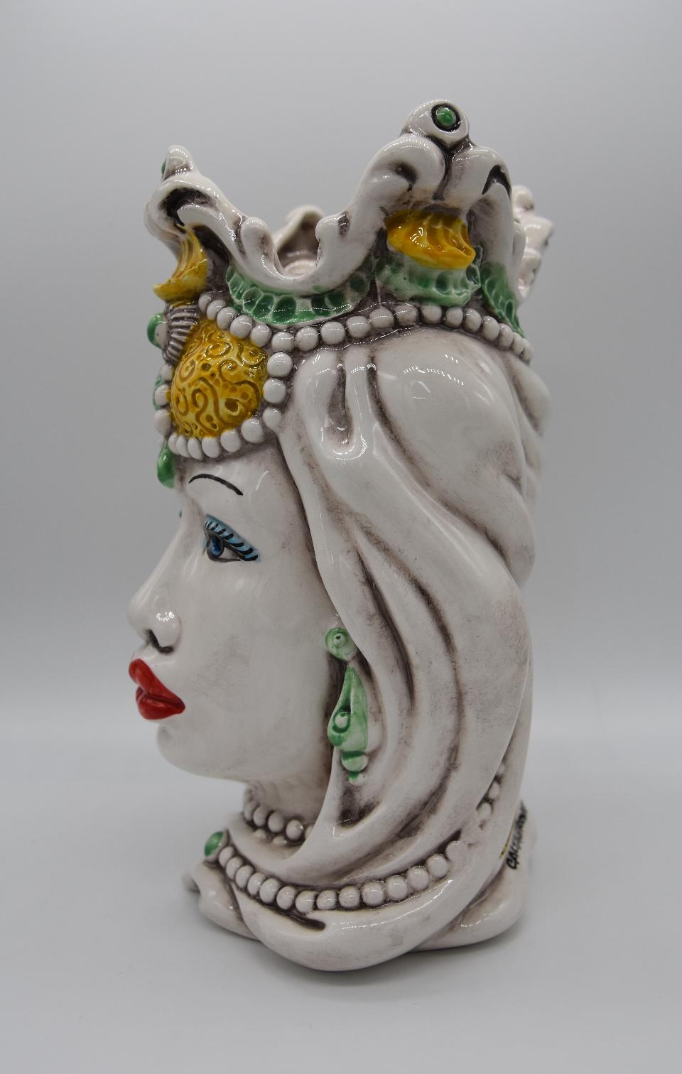 Coppia Teste di moro Emiro giallo/verde Produzione artigianale di Caltagirone h.20 cm