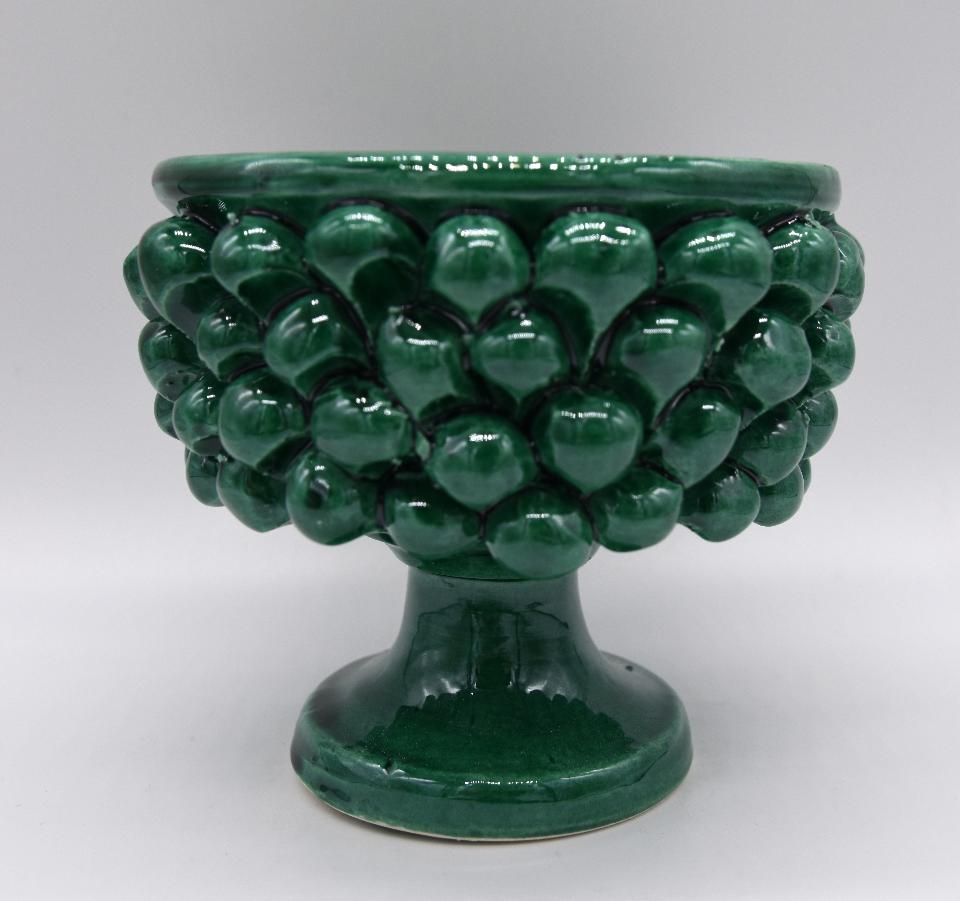 Mezza pigna h.10 cm verde ramino vaso porta pianta Produzione artigianale di Caltagirone con alzata