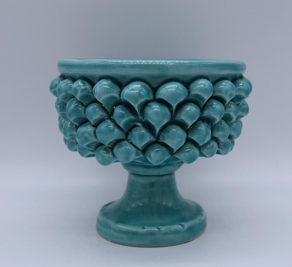 Mezza pigna h.10 cm verde tiffany vaso porta pianta Produzione artigianale di Caltagirone con alzata
