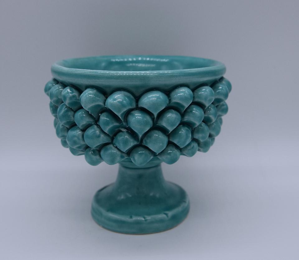 Mezza pigna h.10 cm verde tiffany vaso porta pianta Produzione artigianale di Caltagirone con alzata