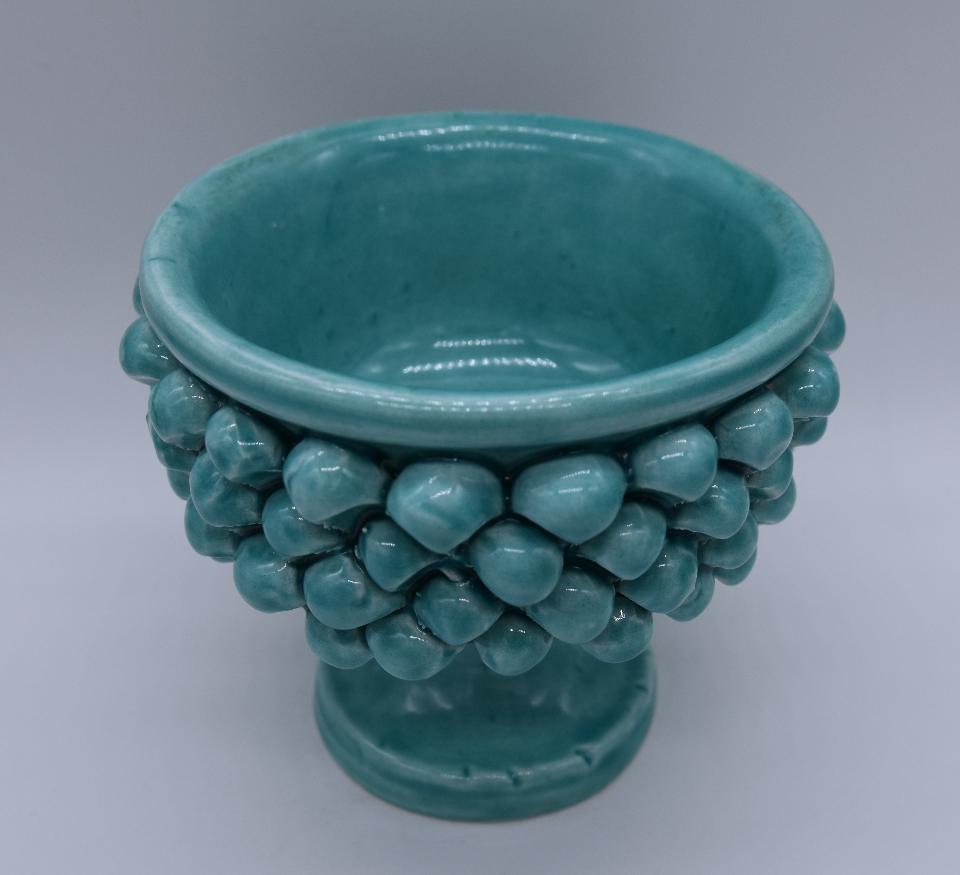 Mezza pigna h.10 cm verde tiffany vaso porta pianta Produzione artigianale di Caltagirone con alzata