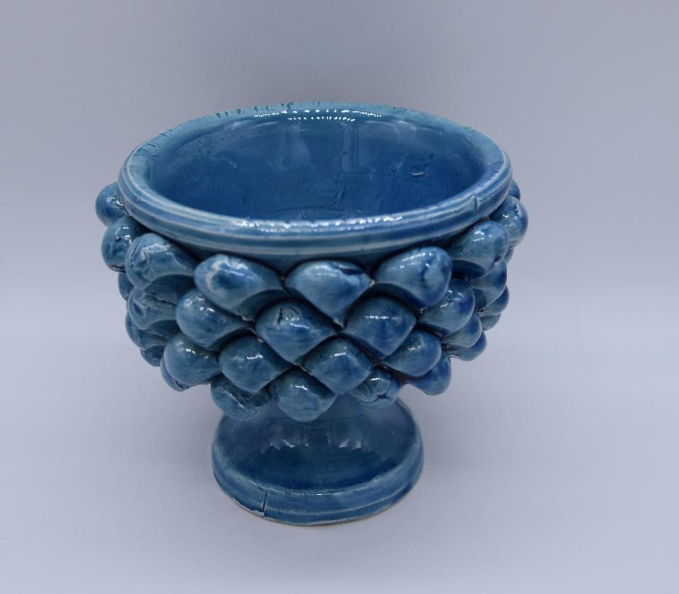 Mezza pigna h.10 cm blu antico vaso porta pianta Produzione artigianale di Caltagirone con alzata