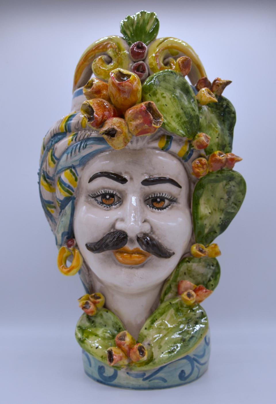 Coppia teste di moro con fichi d'india h.30 cm Produzione artigianale di Caltagirone decorate