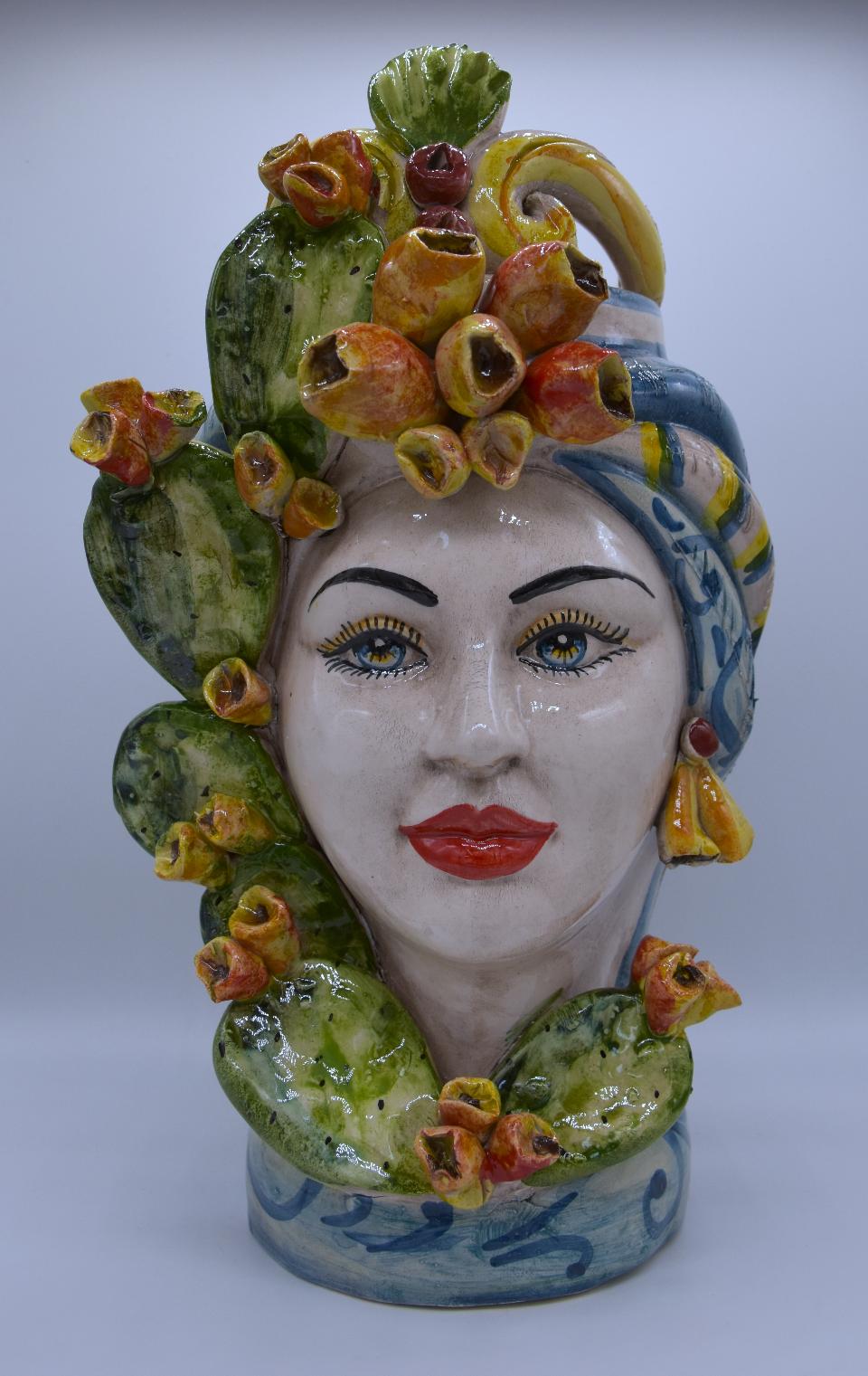 Coppia teste di moro con fichi d'india h.30 cm Produzione artigianale di Caltagirone decorate