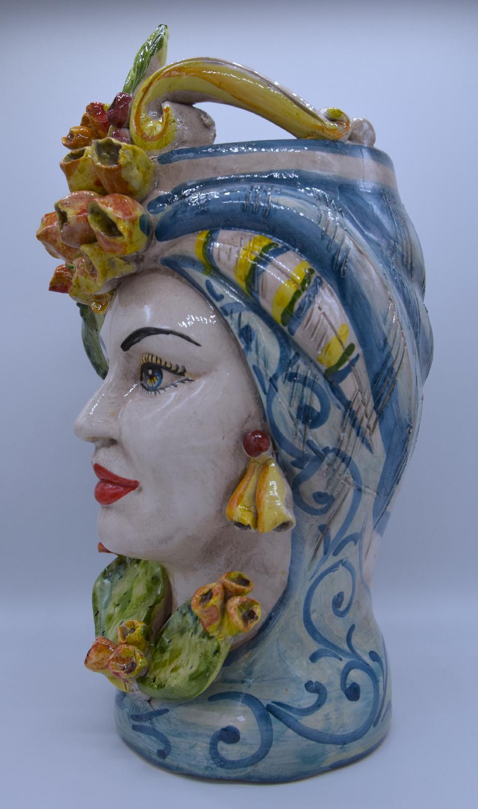 Coppia teste di moro con fichi d'india h.30 cm Produzione artigianale di Caltagirone decorate