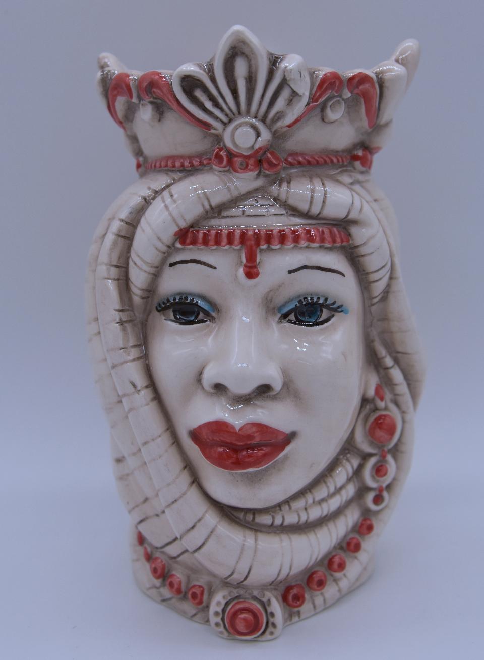 Coppia teste di moro afro h.14 cm Produzione artigianale di Caltagirone bianco antico/rosso