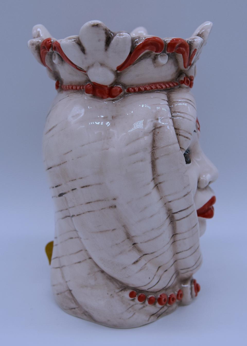 Coppia teste di moro afro h.14 cm Produzione artigianale di Caltagirone bianco antico/rosso