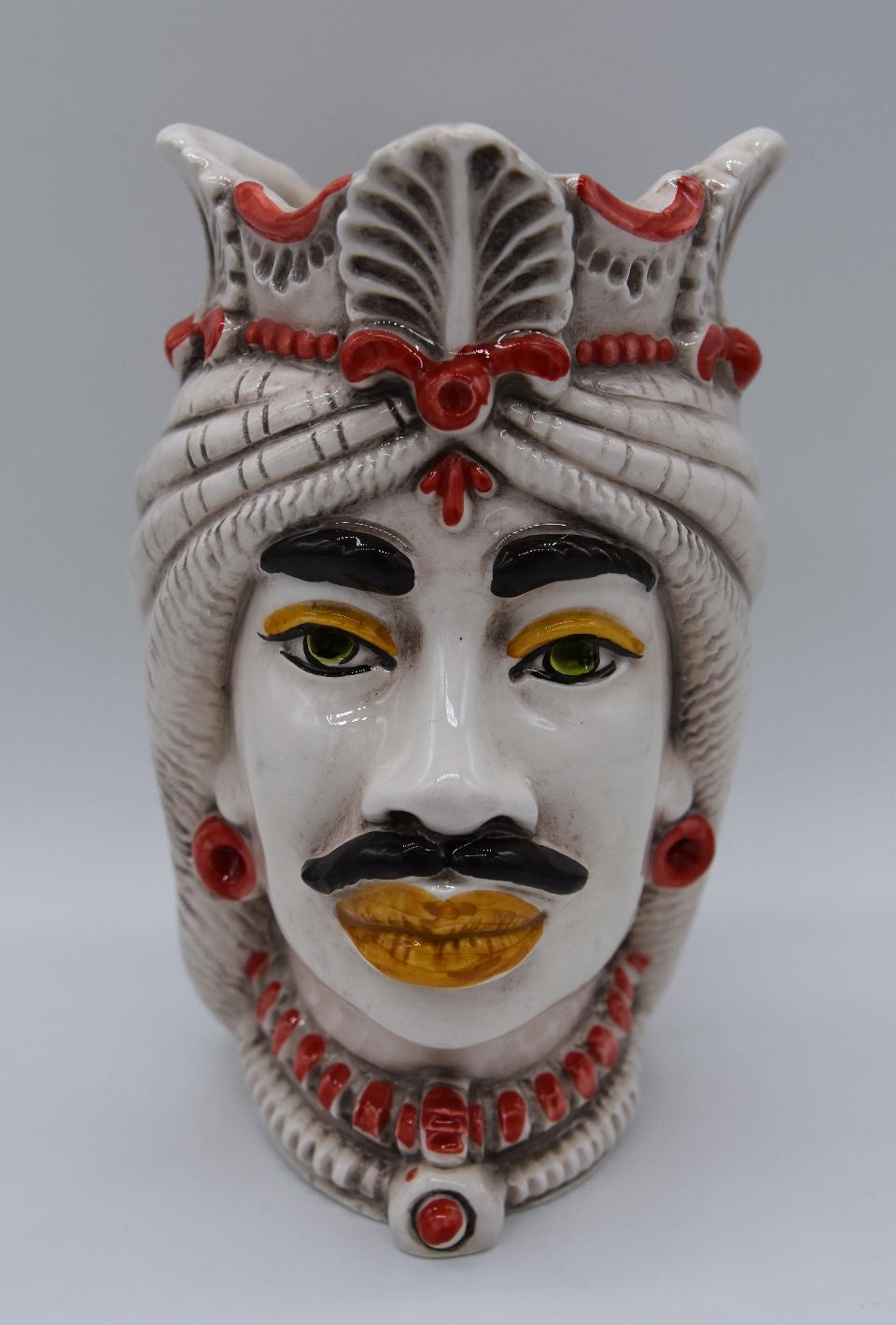 Coppia teste di moro afro h.14 cm Produzione artigianale di Caltagirone bianco antico/rosso