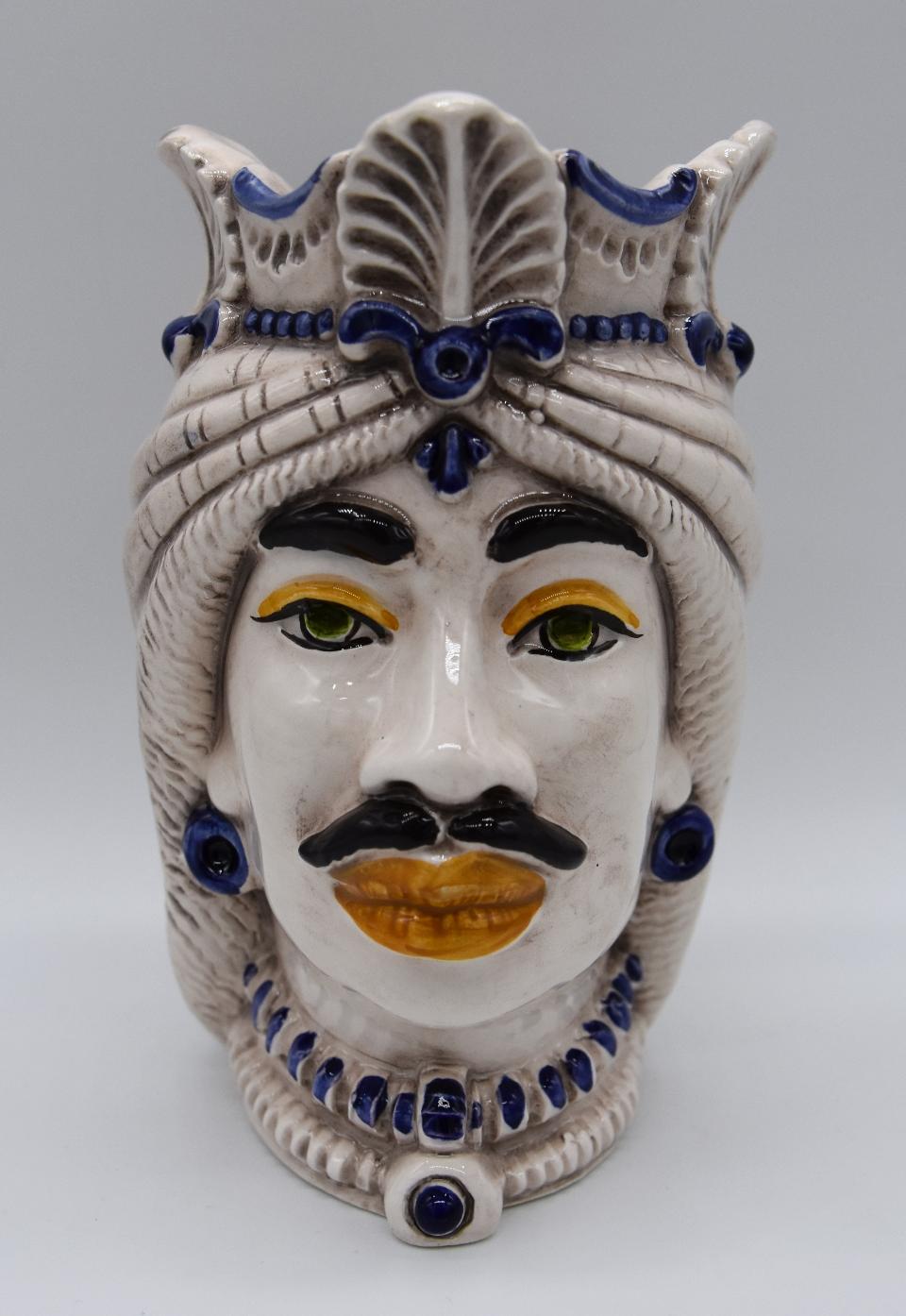 Coppia teste di moro afro decoro bianco antico e blu Produzione artigianale di Caltagirone h.13cm