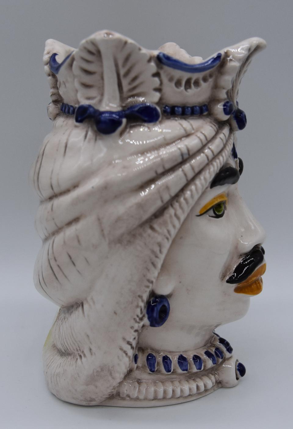 Coppia teste di moro afro decoro bianco antico e blu Produzione artigianale di Caltagirone h.13cm