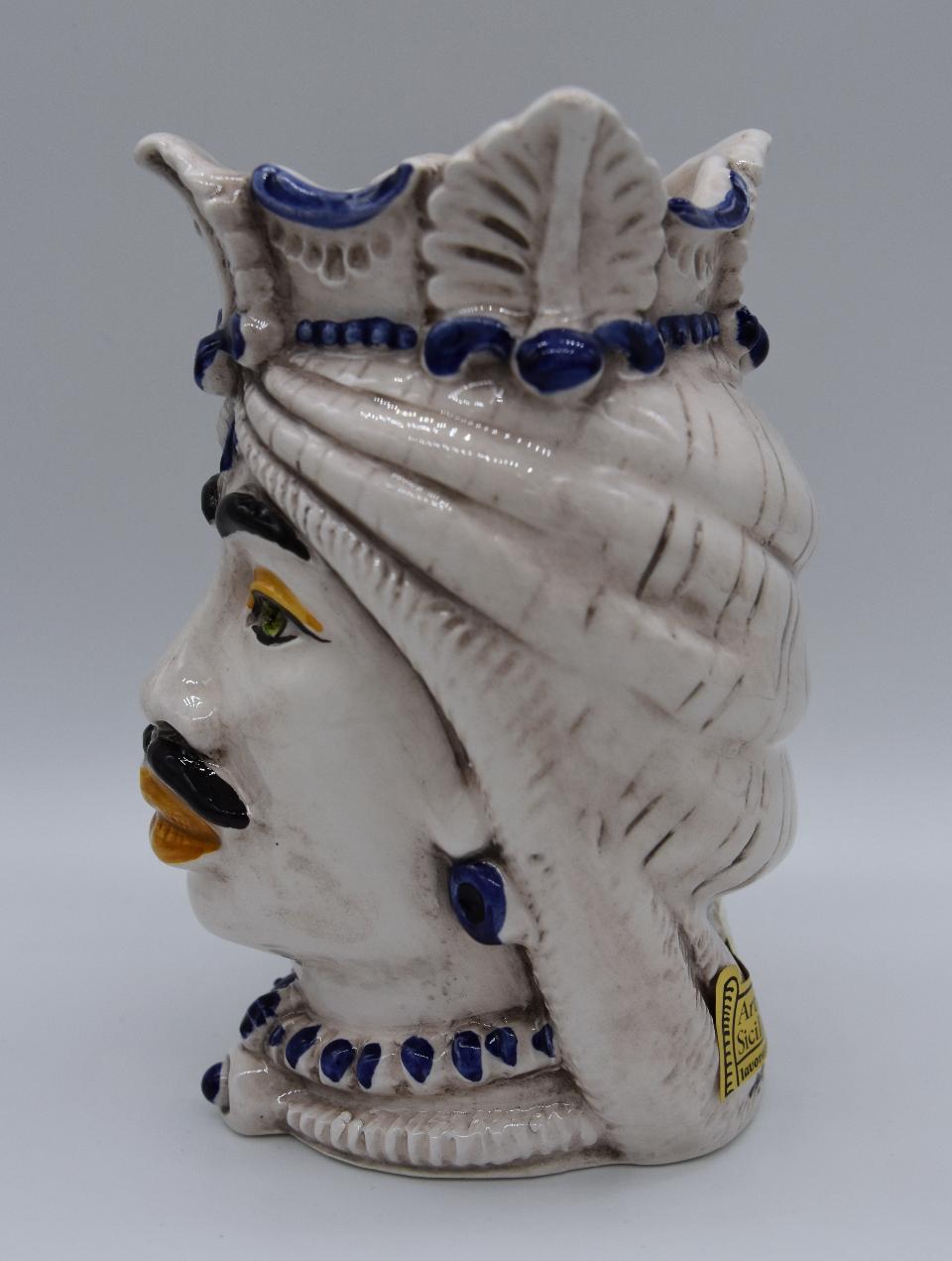 Coppia teste di moro afro decoro bianco antico e blu Produzione artigianale di Caltagirone h.13cm