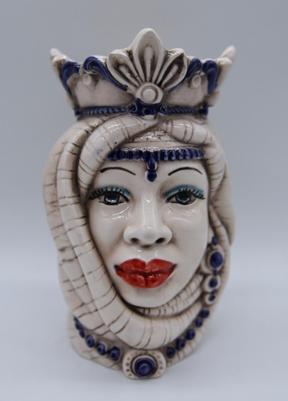 Coppia teste di moro afro h.14 cm Produzione artigianale di Caltagirone bianco antico/blu
