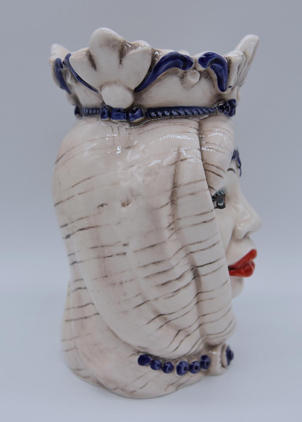 Coppia teste di moro afro h.14 cm Produzione artigianale di Caltagirone bianco antico/blu