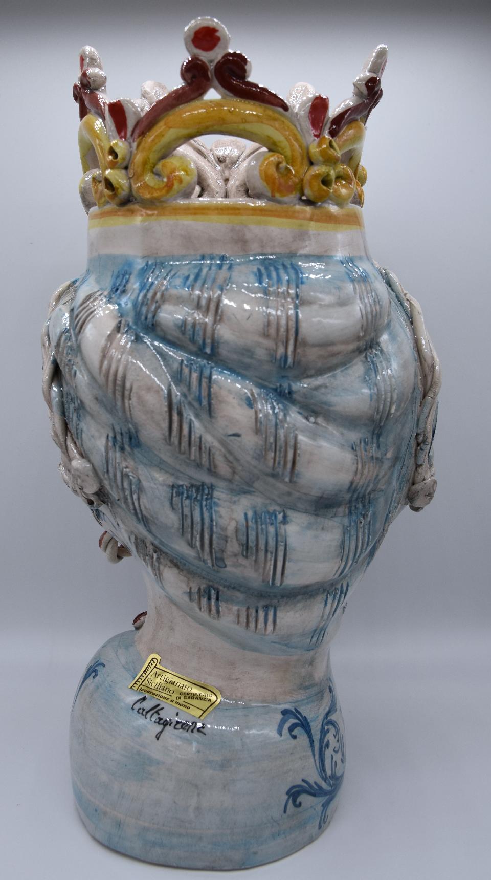 Coppia teste di moro con corona e turbante h.30 cm Produzione artigianale di Caltagirone decorate