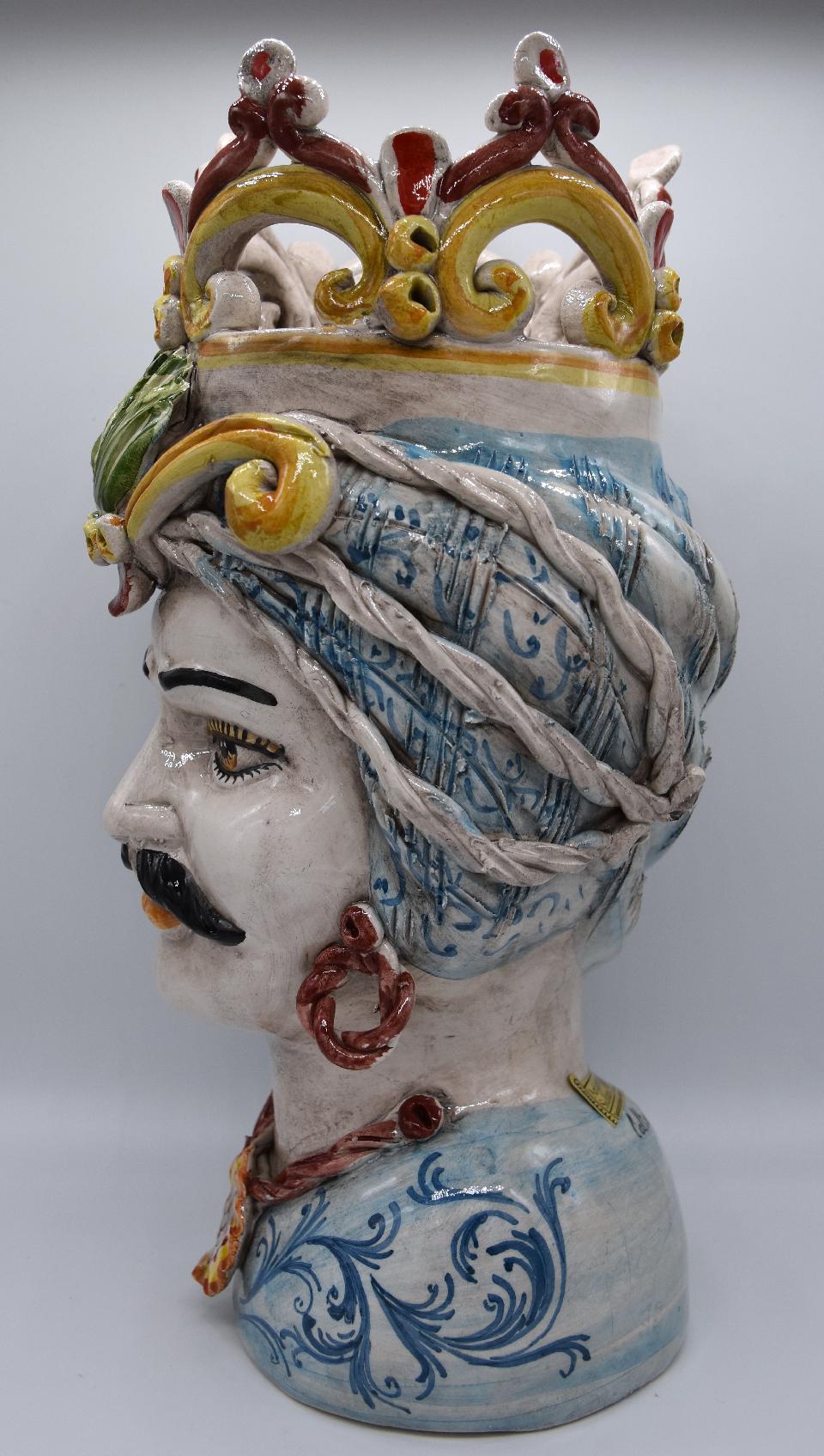 Coppia teste di moro con corona e turbante h.30 cm Produzione artigianale di Caltagirone decorate