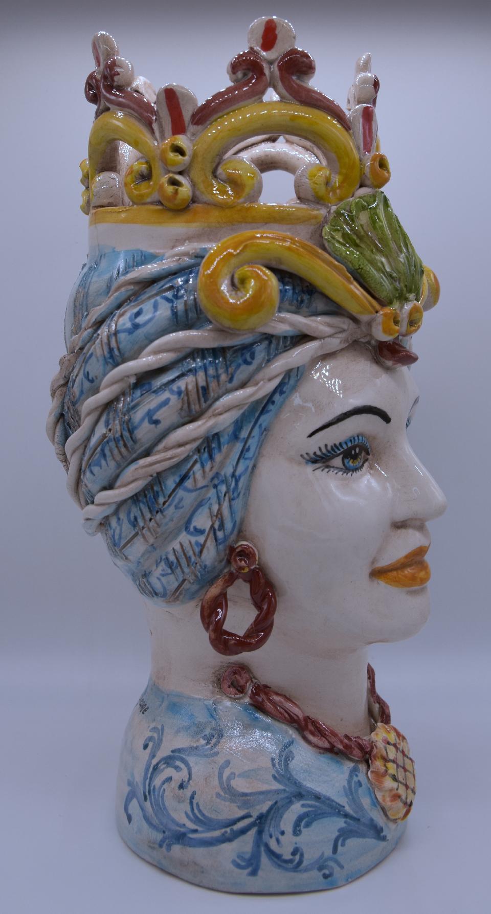 Coppia teste di moro con corona e turbante h.30 cm Produzione artigianale di Caltagirone decorate
