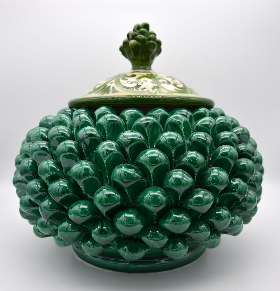 Biscottiera pigna decorata verde ramina Produzione artigianale di Caltagirone h.20 cm