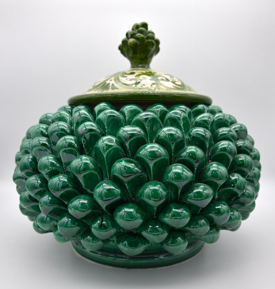 Biscottiera pigna decorata verde ramina Produzione artigianale di Caltagirone h.20 cm