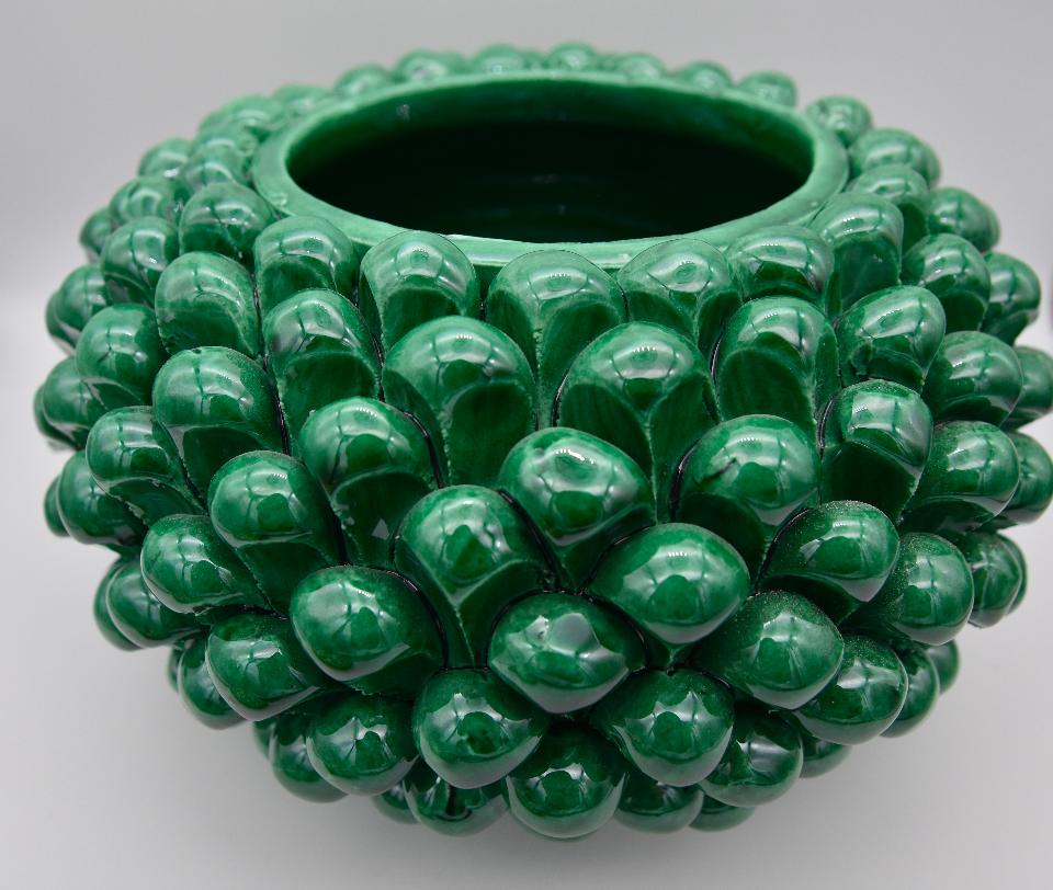 Biscottiera pigna decorata verde ramina Produzione artigianale di Caltagirone h.20 cm