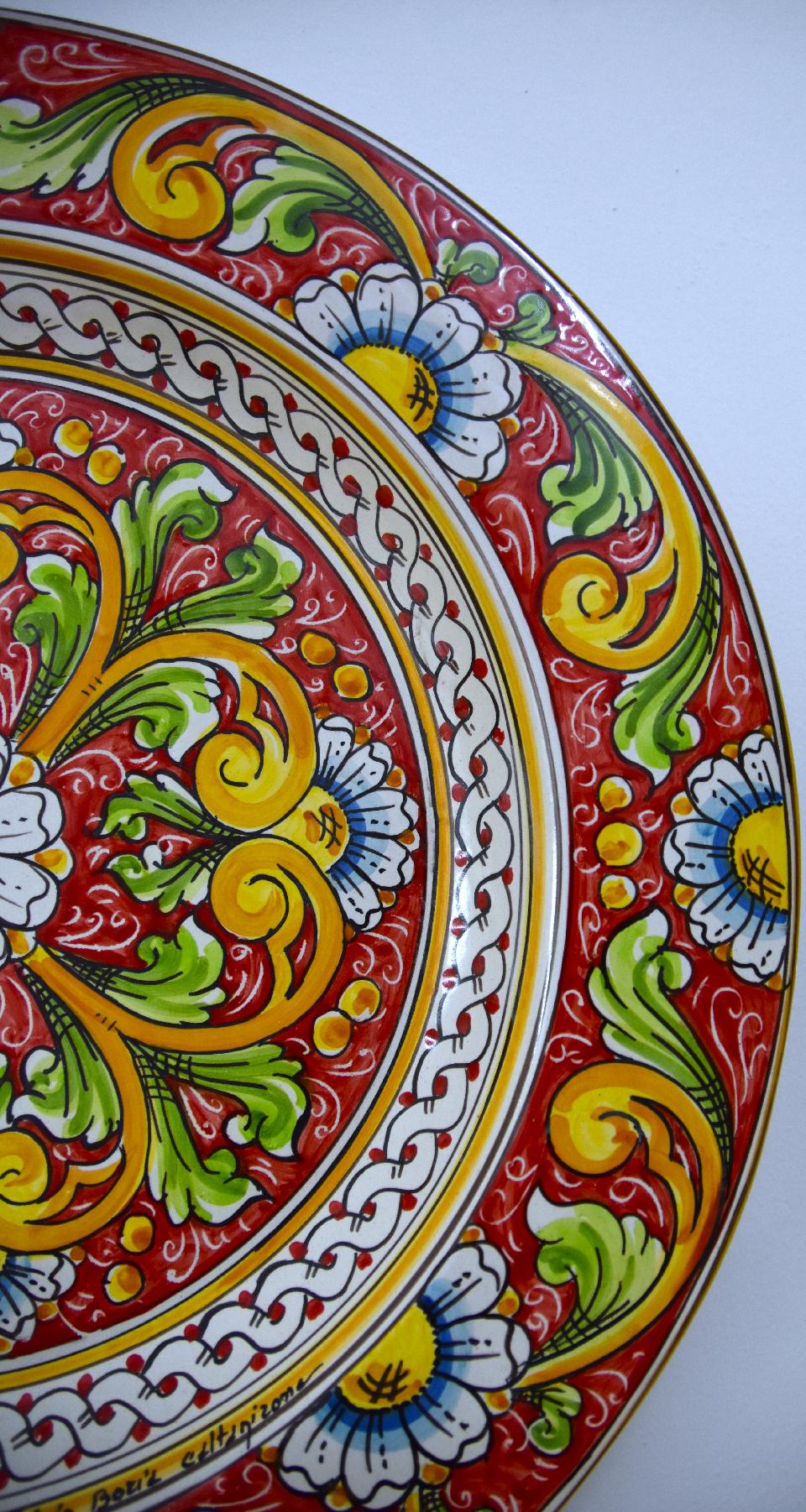 Piatto floreale in ceramica siciliana da parete Produzione artigianale di Caltagirone Diametro 55cm