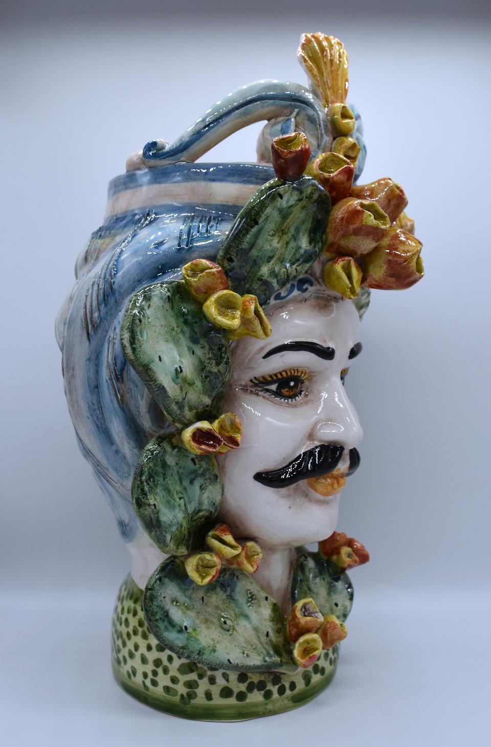 Coppia teste di moro con fichi d'india Produzione artigianale di Caltagirone h.30 cm