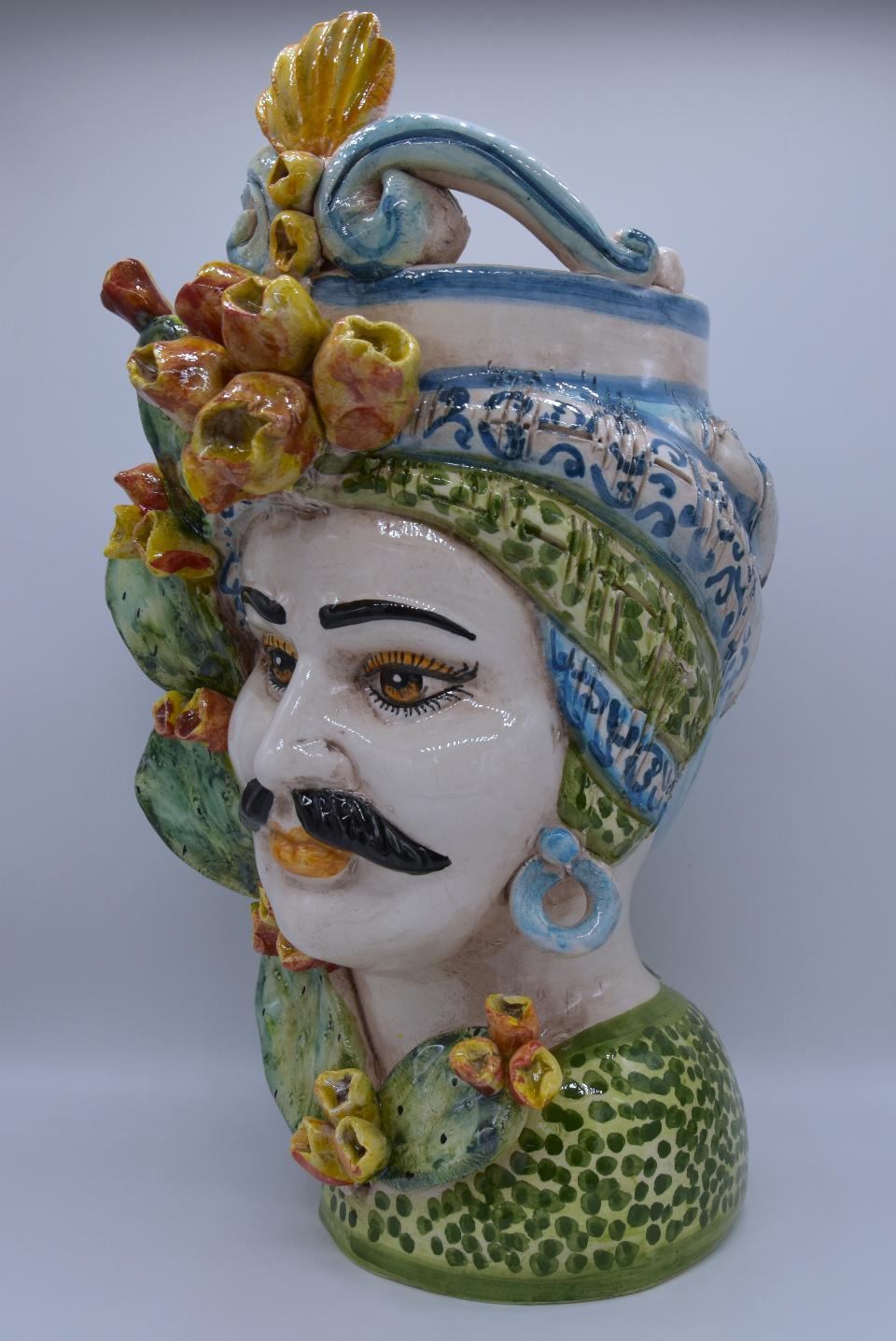 Coppia teste di moro con fichi d'india Produzione artigianale di Caltagirone h.30 cm