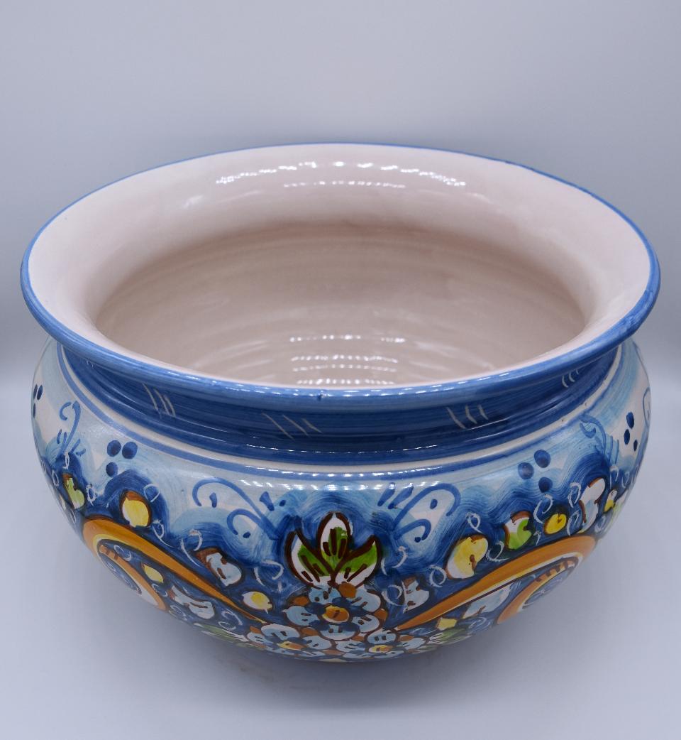 Portavaso cachepot decoro nastrino celeste in ceramica siciliana Produzione artigianale di Caltagirone Diametro 20cm