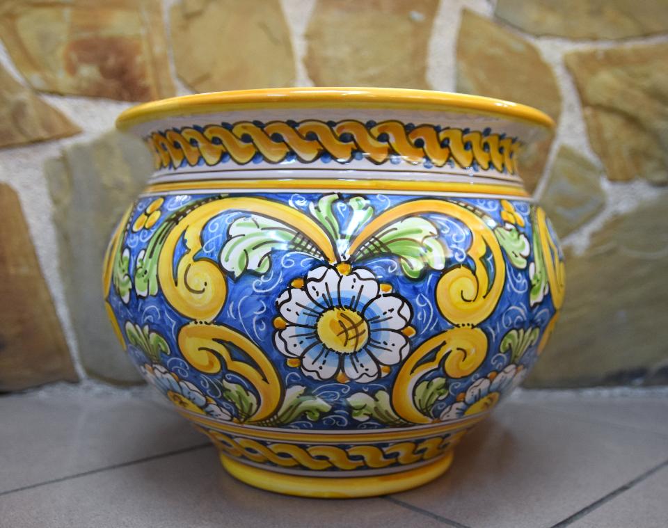 Portavaso cachepot decoro ornato con margherite in ceramica siciliana Produzione artigianale di Caltagirone Diametro 30cm