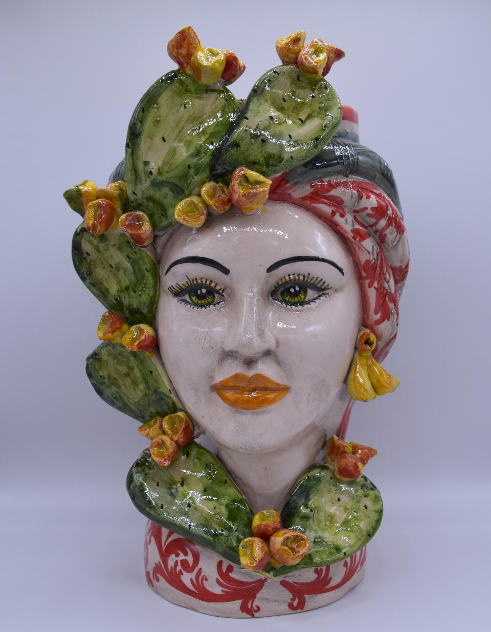 Coppia teste di moro con fichi d'india h.30 cm Produzione artigianale di Caltagirone decorate