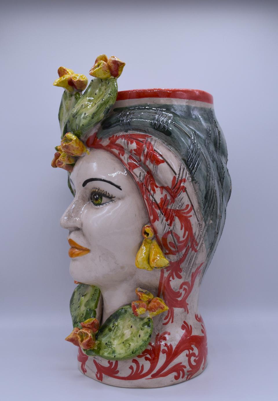 Coppia teste di moro con fichi d'india h.30 cm Produzione artigianale di Caltagirone decorate