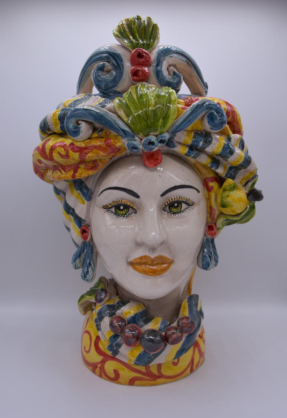 Coppia Teste di moro con limoni e turbante h.30cm Produzione artigianale di Caltagirone decorate