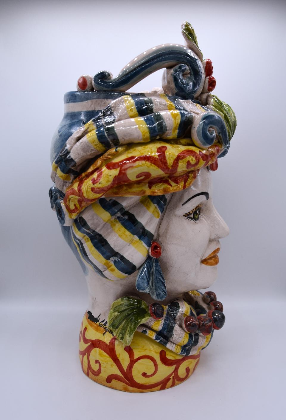 Coppia Teste di moro con limoni e turbante h.30cm Produzione artigianale di Caltagirone decorate