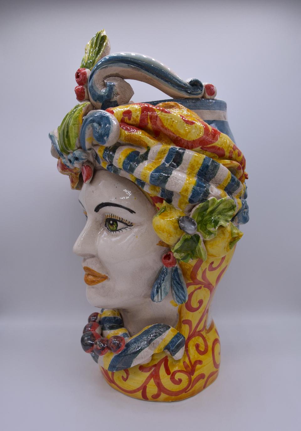 Coppia Teste di moro con limoni e turbante h.30cm Produzione artigianale di Caltagirone decorate