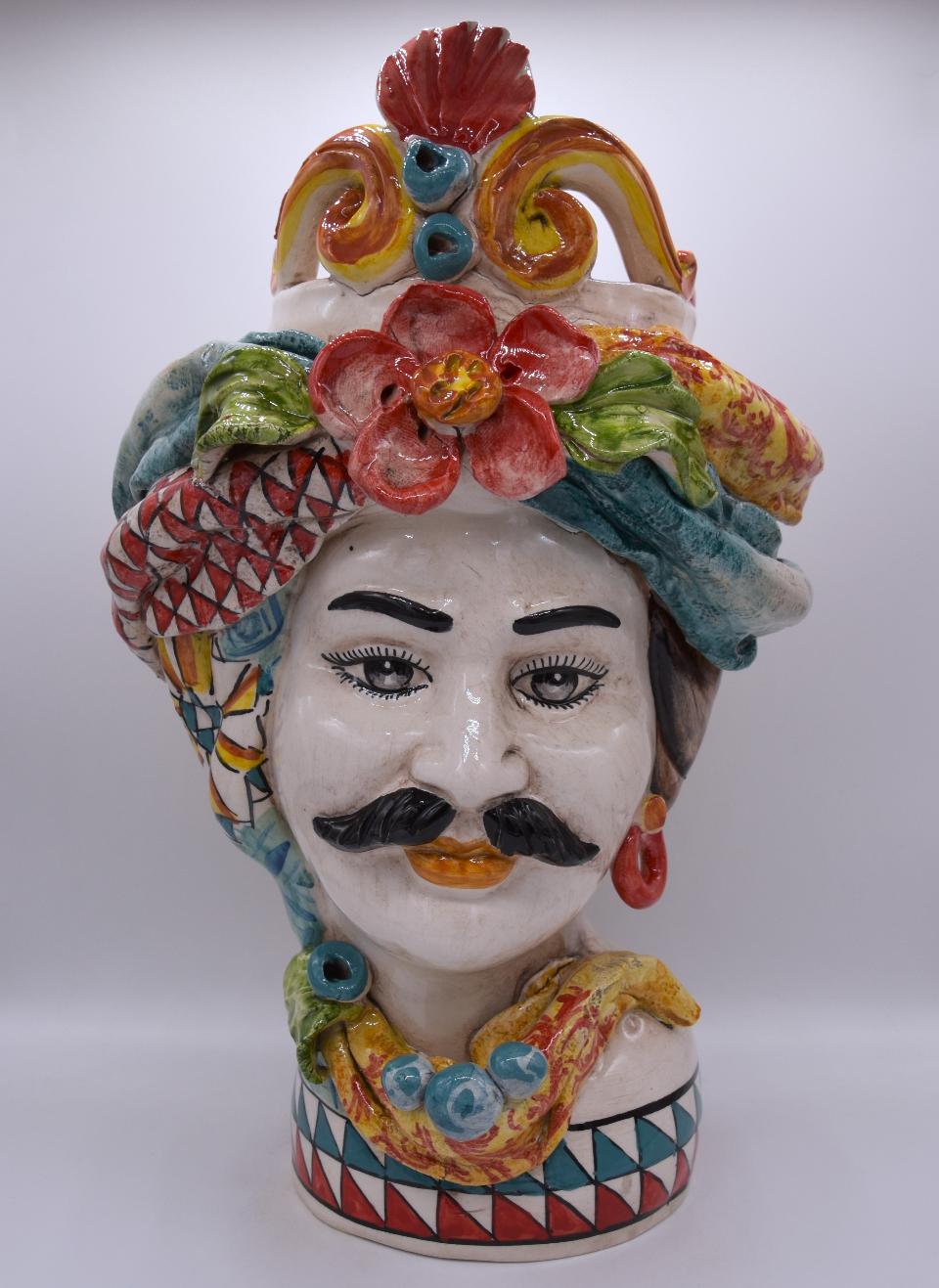 Coppia teste di moro con corona e turbante h.30 cm Produzione artigianale di Caltagirone decoro siciliano