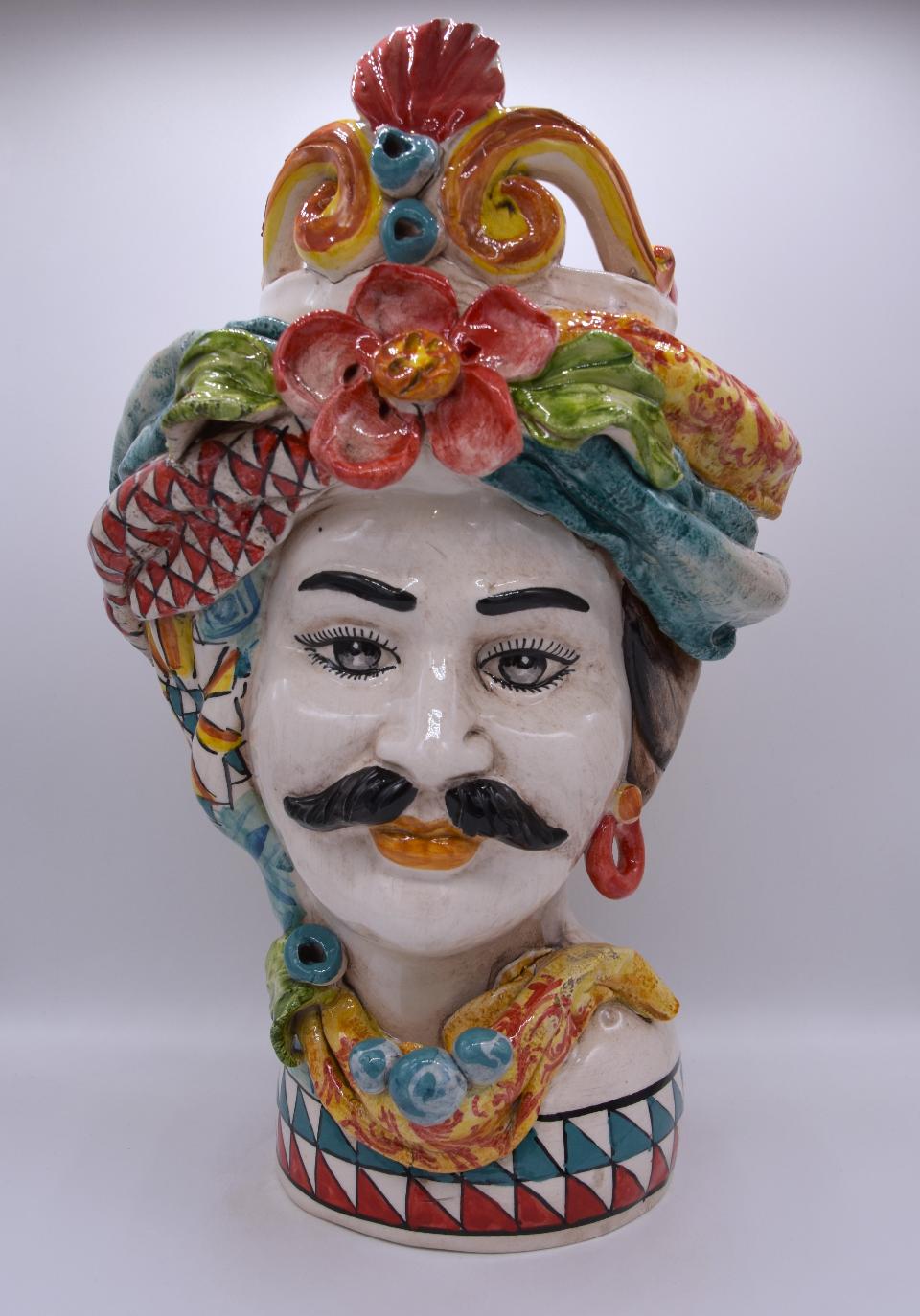 Coppia teste di moro con corona e turbante h.30 cm Produzione artigianale di Caltagirone decoro siciliano