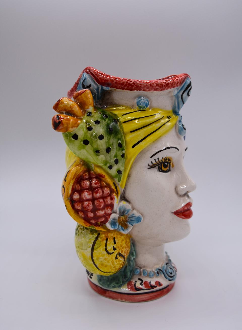 NEW Coppia teste di moro con frutta e fichi d'india moderne Produzione artigianale di Caltagirone h.15cm