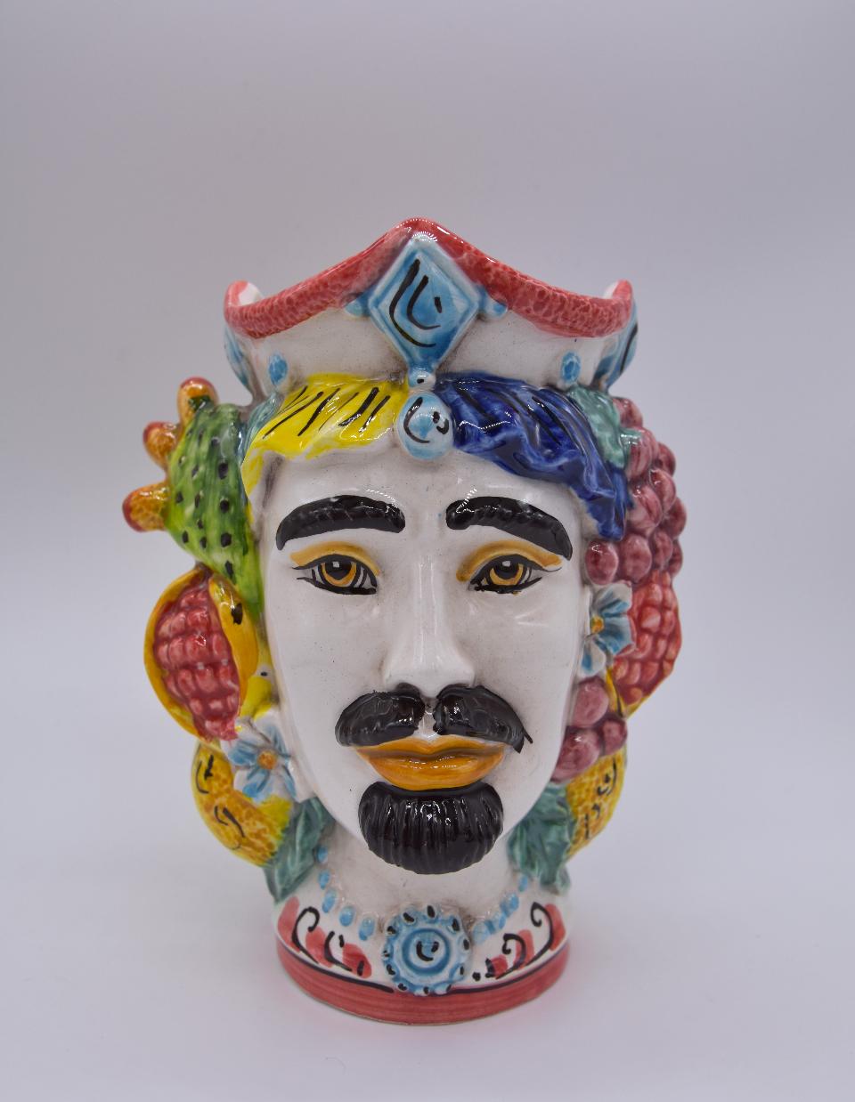 NEW Coppia teste di moro con frutta e fichi d'india moderne Produzione artigianale di Caltagirone h.15cm