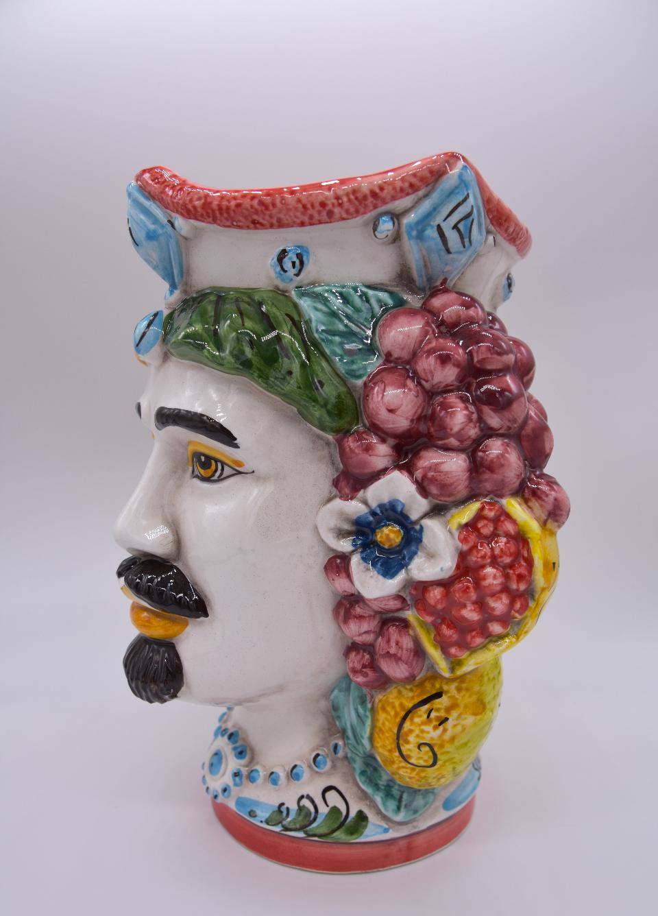 NEW Coppia teste di moro con frutta e fichi d'india moderne Produzione artigianale di Caltagirone h.20cm