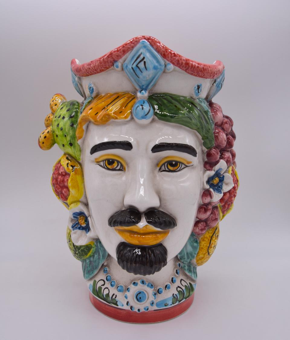 NEW Coppia teste di moro con frutta e fichi d'india moderne Produzione artigianale di Caltagirone h.20cm