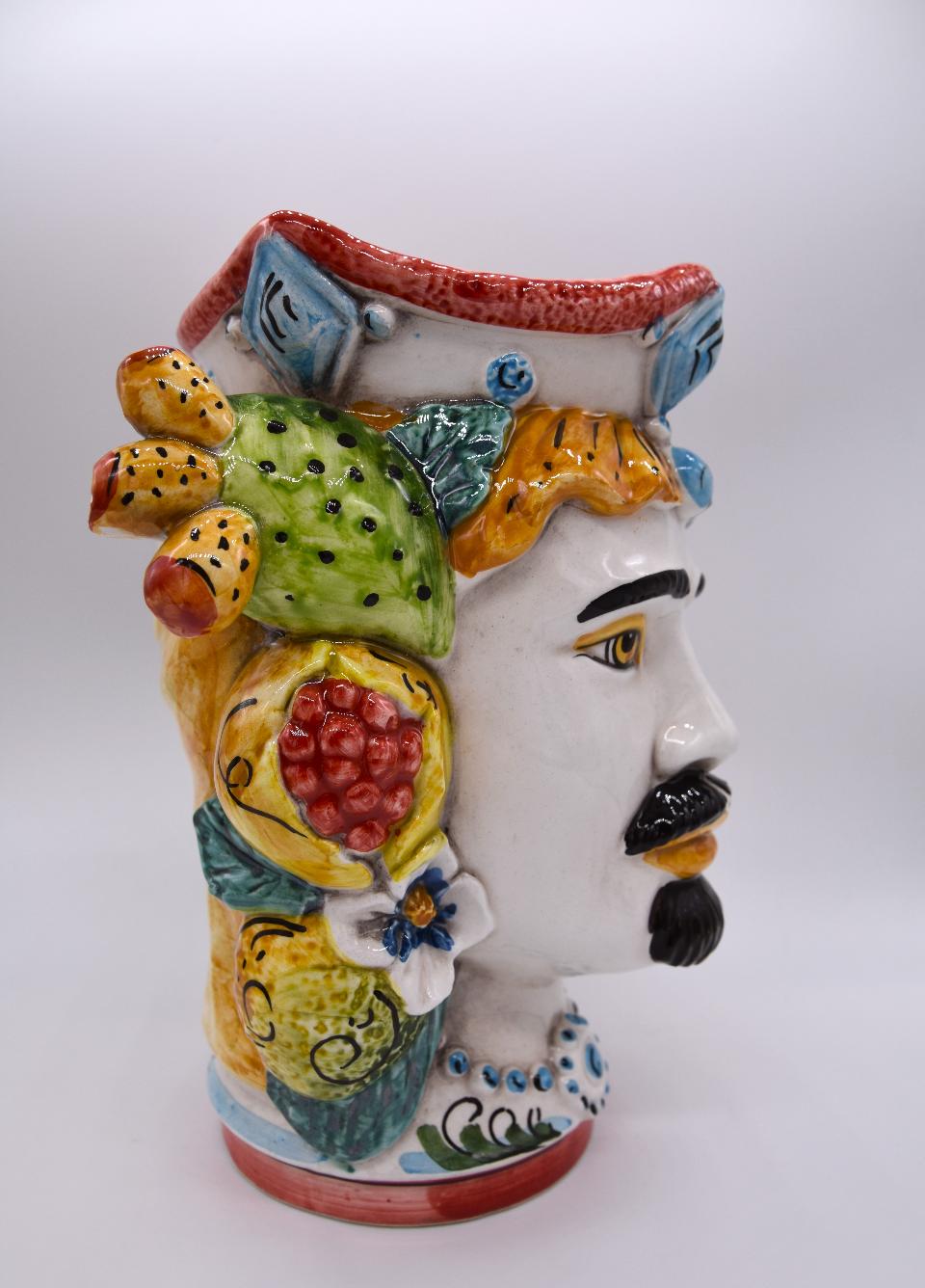 NEW Coppia teste di moro con frutta e fichi d'india moderne Produzione artigianale di Caltagirone h.20cm