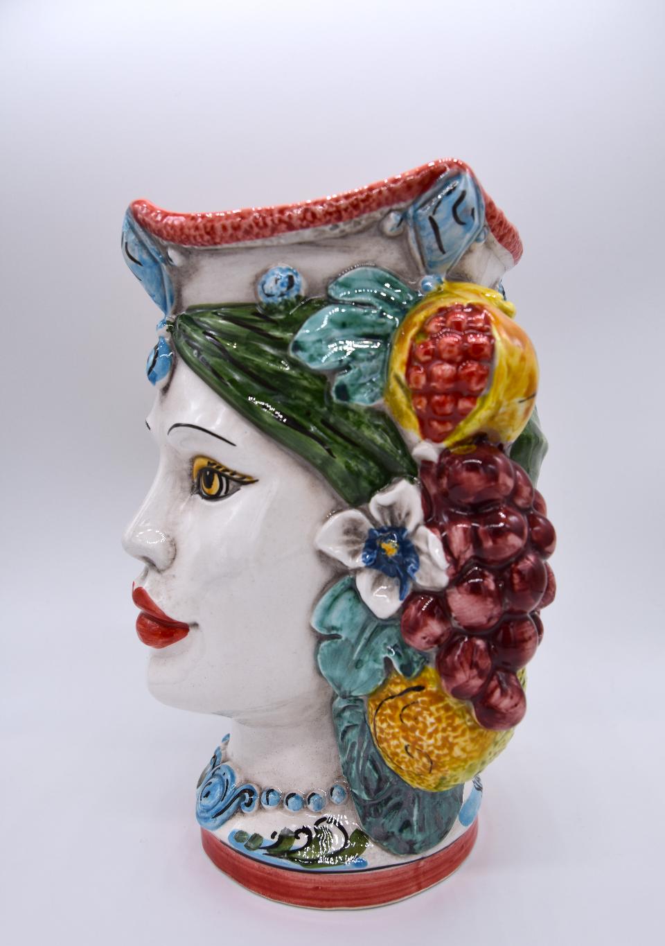NEW Coppia teste di moro con frutta e fichi d'india moderne Produzione artigianale di Caltagirone h.20cm