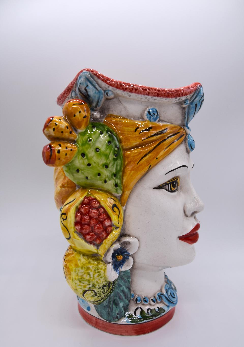 NEW Coppia teste di moro con frutta e fichi d'india moderne Produzione artigianale di Caltagirone h.20cm