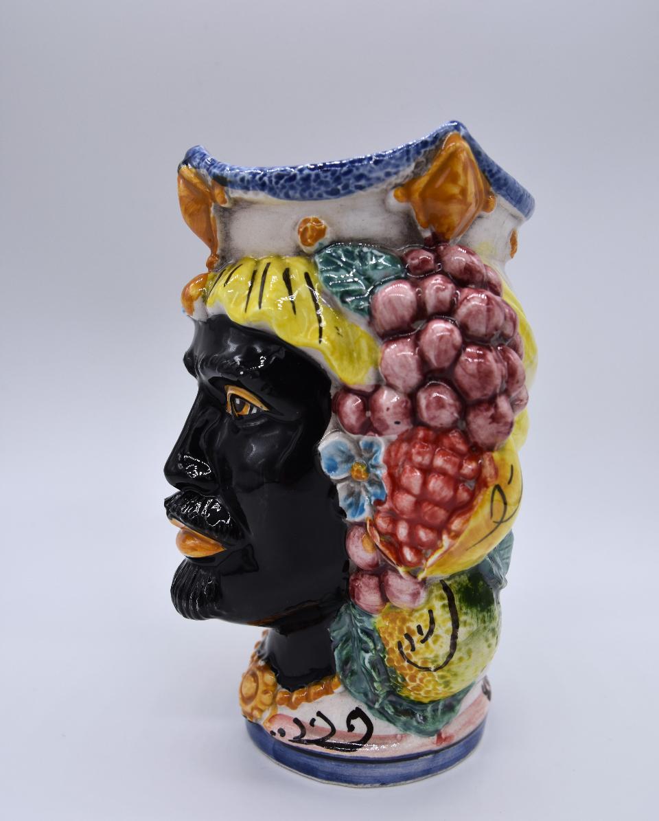 NEW Teste di moro con frutta e fichi d'india moderne Produzione artigianale di Caltagirone h.15cm