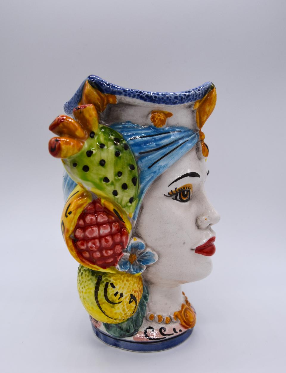 NEW Teste di moro con frutta e fichi d'india moderne Produzione artigianale di Caltagirone h.15cm