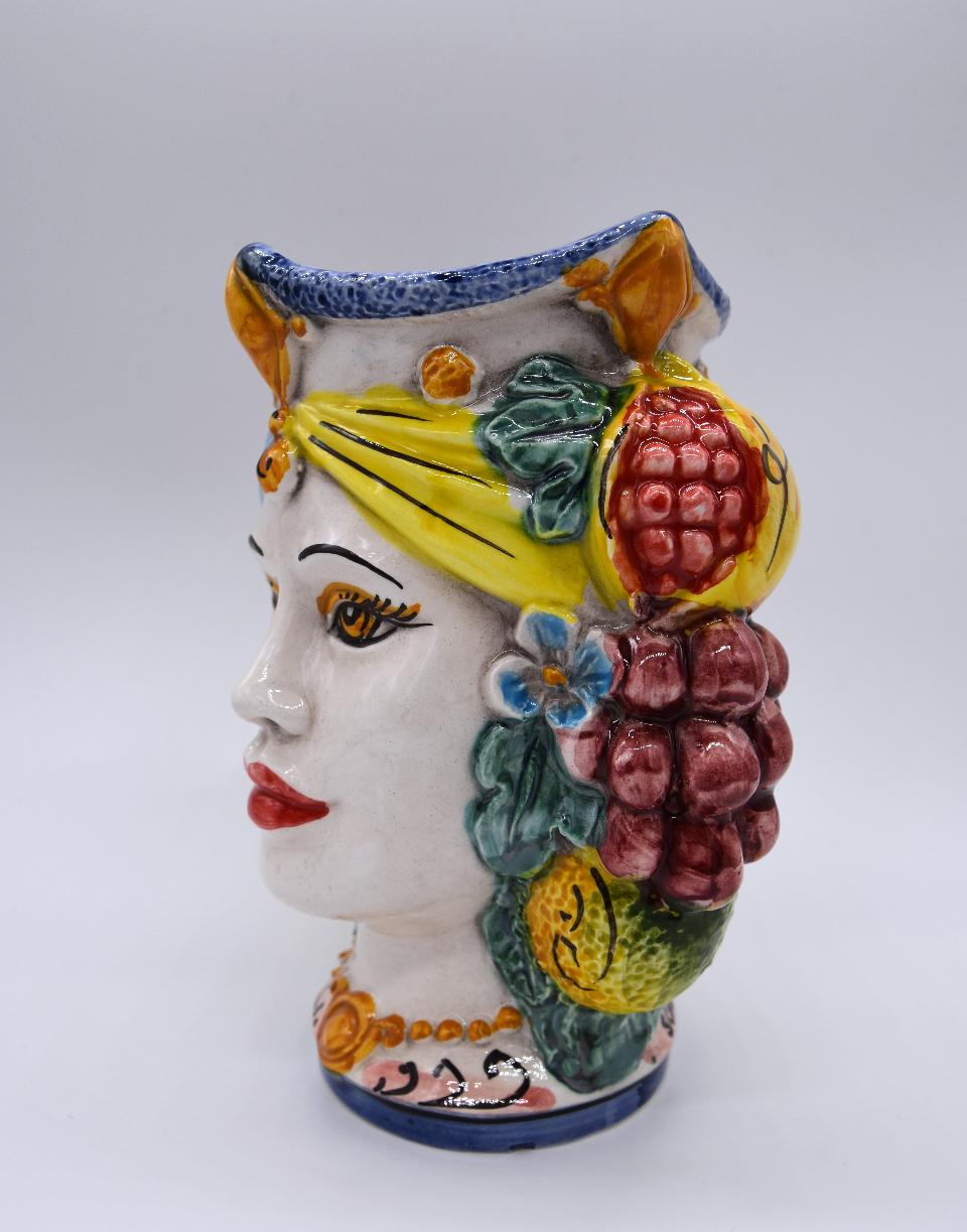 NEW Teste di moro con frutta e fichi d'india moderne Produzione artigianale di Caltagirone h.15cm