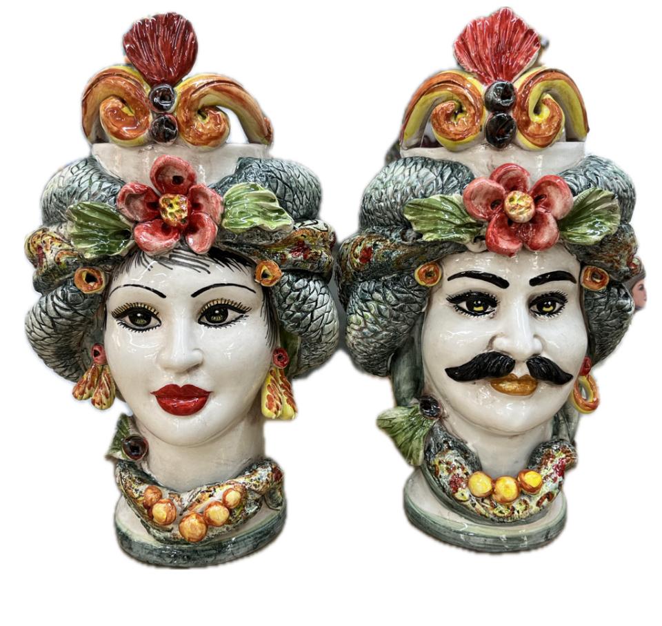 Teste di Moro floreale con corona e turbante decorate Produzione artigianale di Caltagirone h.30cm