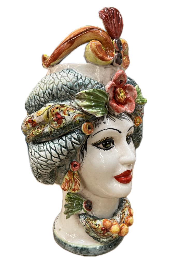 Teste di Moro floreale con corona e turbante decorate Produzione artigianale di Caltagirone H 30cm